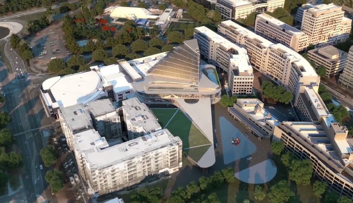 An early artist's impression of the proposed redevelopment of the Aquis Canberra casino, with legislation to allow poker machines expected this week. The casino would open to Glebe Park, in the foreground of this view. Photo: Supplied