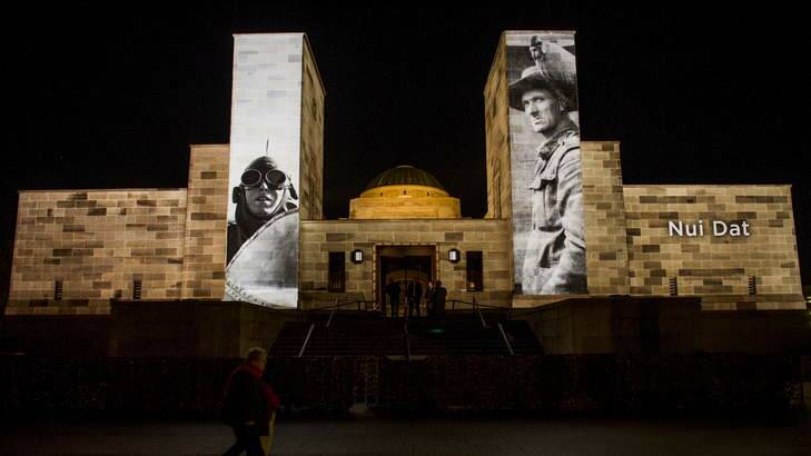 Images were projected on to the War Memorial during Anzac Day commemorations this year. Photo: Rohan Thomson