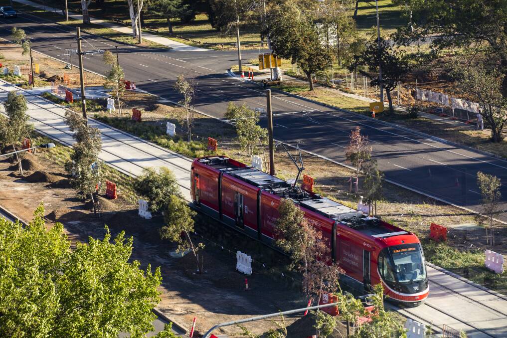 Light rail on Northbourne Avenue. Public servants are under pressure to put in long hours ahead of the launch later this month.  Photo: Jamila Toderas