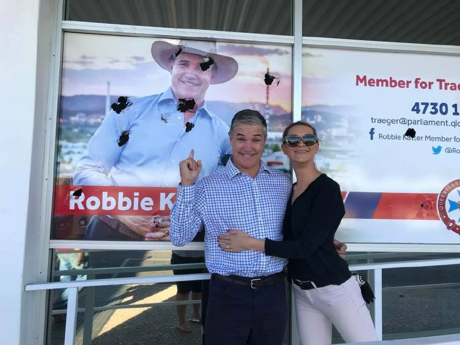 Robbie Katter and his wife Daisy show off the damage done at his Mount Isa electorate office on Thursday night. 
 Photo: Daisy Katter/Facebook