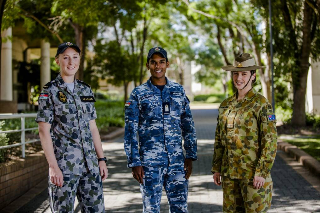 From left, midshipman Kate Millward and officer cadets John Hensman and Victoria Roadnight.
 Photo: Jamila Toderas