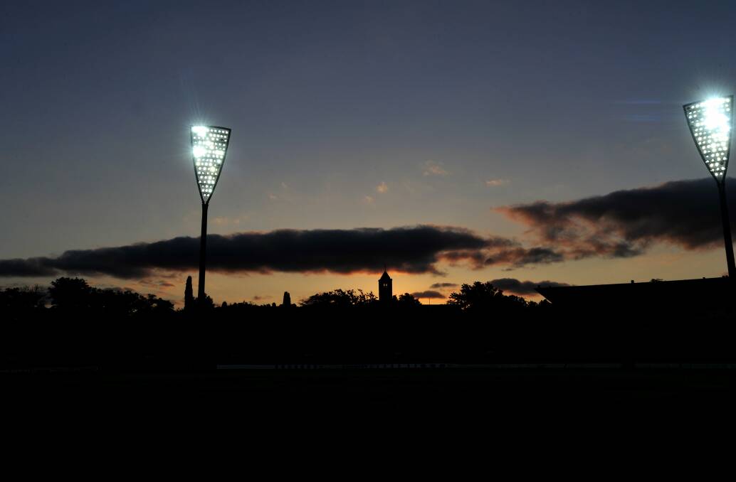 Manuka Oval's lights being turned on for the first time. Photo: Melissa Adams
