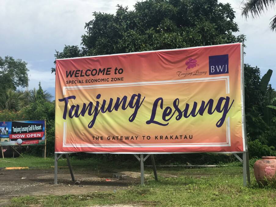 A sign advertising Tanjung Lesung beach resort.  Photo: James Massola