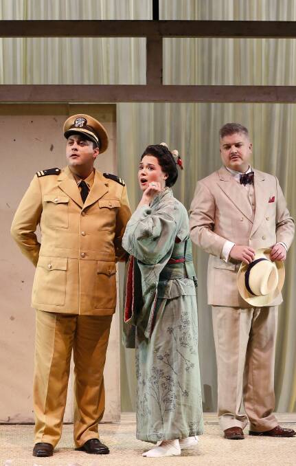 Matthew Reardon as Pinkerton, left, Anna Yun as Suzuki and Andrew Moran as Sharpless in Opera Australia's 'Madame Butterfly'.
 Photo: Jeff Busby