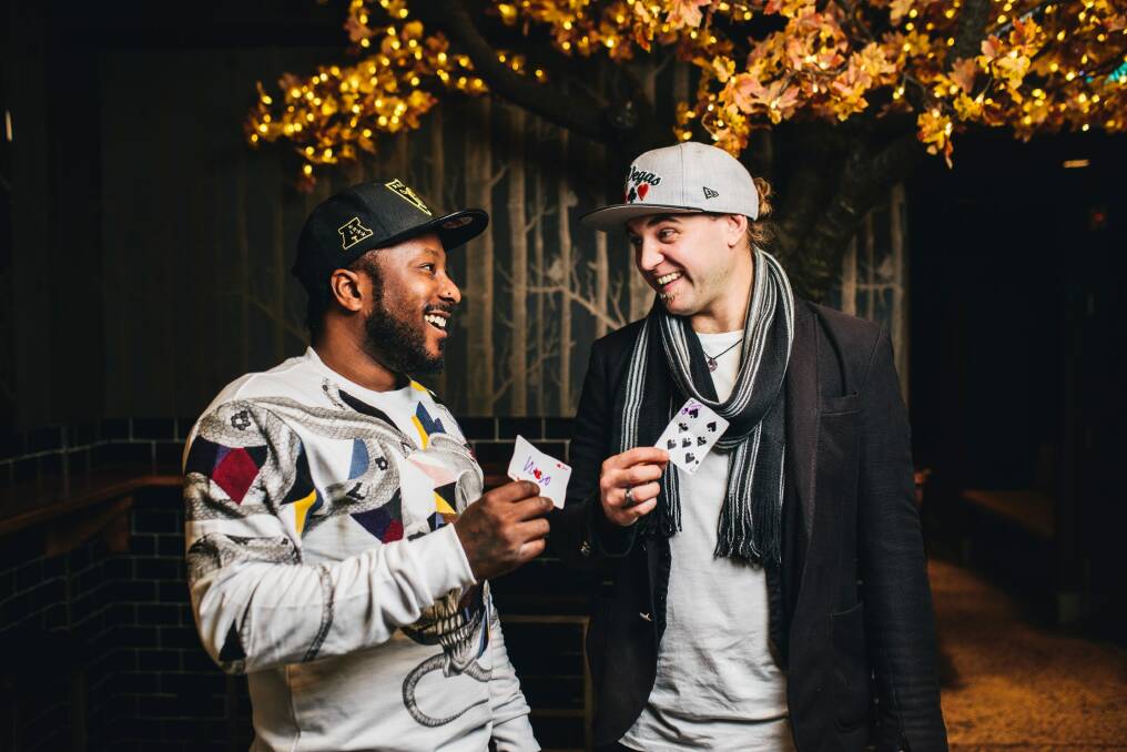 Canberra rapper Kayo Marbilus on the 'After Party' set at Treehouse with Nomad the magician. Photo: Rohan Thomson