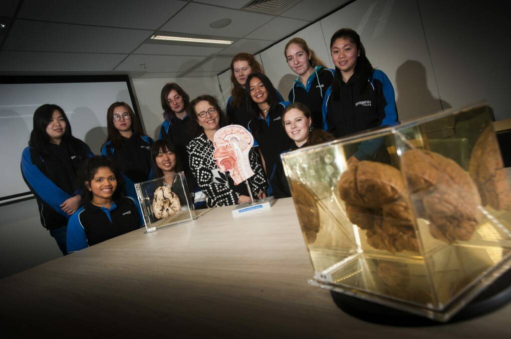 Professor Ingrid Scheffer, who was a keynote speaker at the Canberra Health Annual Research Meeting, talks to  year 11 Gungahlin College chemistry students about careers in science. Photo: Elesa Kurtz