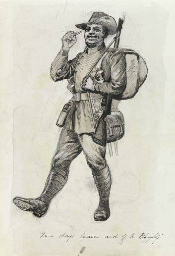"Two days leave and off to Blighty": A drawing by Private John Beech. Photo: Private John Beech
