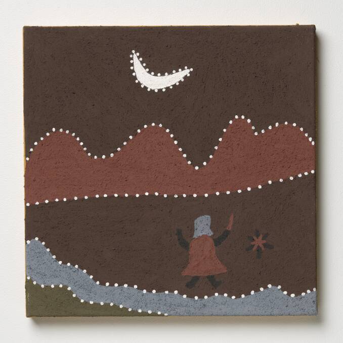 Shirley Purdie: 'Moolloonggoogallem
(Wishing for fat one from
the moon)'. 2018. Natural ochre and pigments on canvas. 45 x 45.5 cm. Photo: Courtesy of the artist (Nangari) and Warmun Art Centre