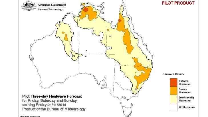 Heatwave season - the three-day outlook from Friday covers much of Australia. Photo: BoM