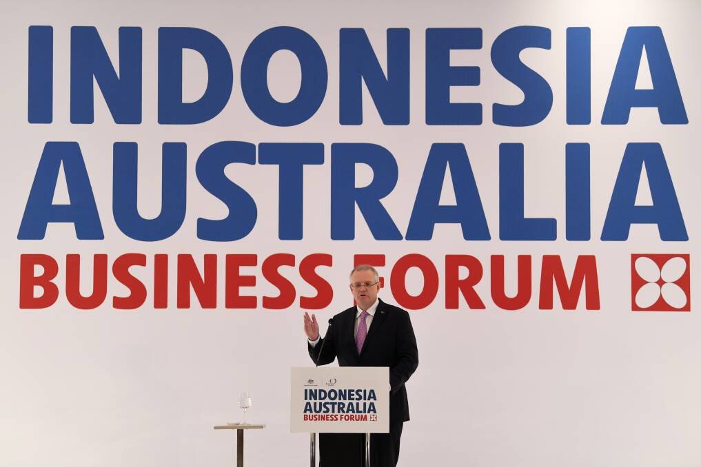Scott Morrison speaks during the Indonesia Australia Business Forum in Jakarta on Saturday. Photo: AAP