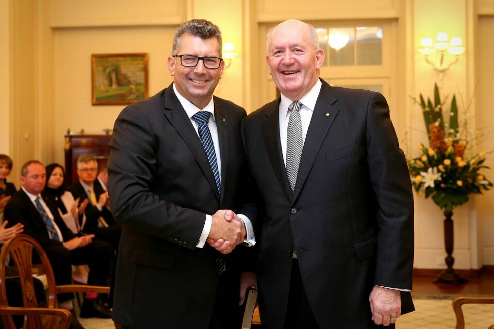 Keith Pitt with Governor-General Sir Peter Cosgrove at his swearing in as assistant minister for trade, investment and tourism in 2016.  Photo: Alex Ellinghausen