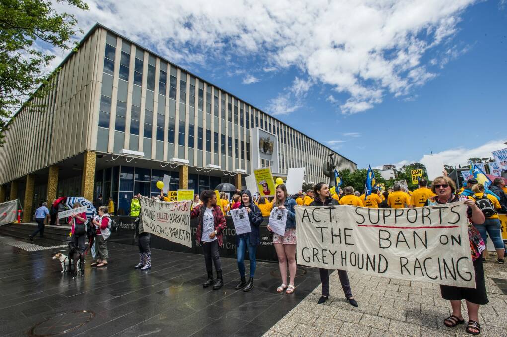  Unions, greyhound owners and greyhound liberationists all protest in Canberra's Garema Place and outside the Legislative Assembly on Monday. Photo: Karleen Minney