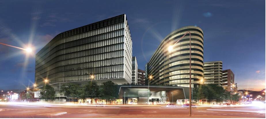 An artist's impression of QIC's proposed section 96 development looking from Donaldson St, with the the office tower at left, the apartment tower at right, and the entrance to the mall off Cooyong St in the centre.