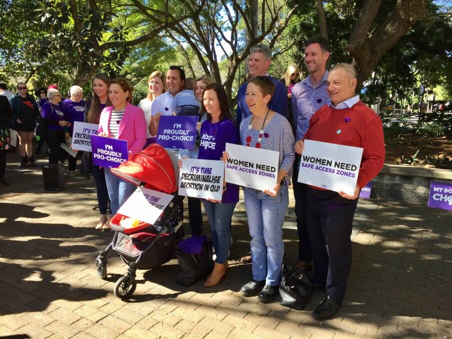 Labor MPs showing their support: Mark Bailey (second from right), Di Farmer (third from right), Stirling Hinchliffe (fourth from right), Yvette D'Ath (fifth from right), Shannon Fentiman (sixth from right) and Jackie Trad (second from left). Photo: Toby Crockford - Fairfax Media