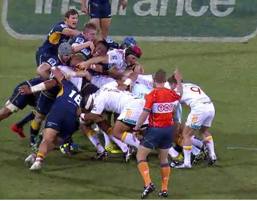 Brumbies player David Pocock grabs Chiefs player Michael Lietch around the neck. Pocock was suspended for two games by the SANZAAR judiciary. Photo: Supplied