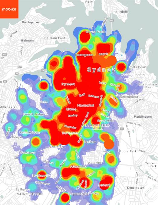 This map shows the most common trip start locations for Mobike users in Sydney. Photo: Mobike