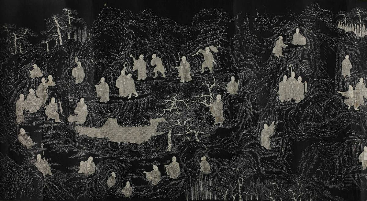 Five Hundred Arhats (detail), engraved 1757. This long scroll is a rubbing of images depicting Buddhist figures originally carved on Longevity Hill, Beijing. Photo: Supplied