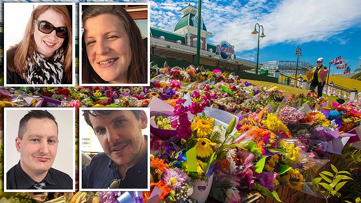 (Clockwise from top left) Cindy Low, Kate Goodchild, her brother Luke Dorsett and his partner Roozi Araghi died after being thrown from a raft at the theme park in 2016. Photo: Fairfax Media, insets supplied