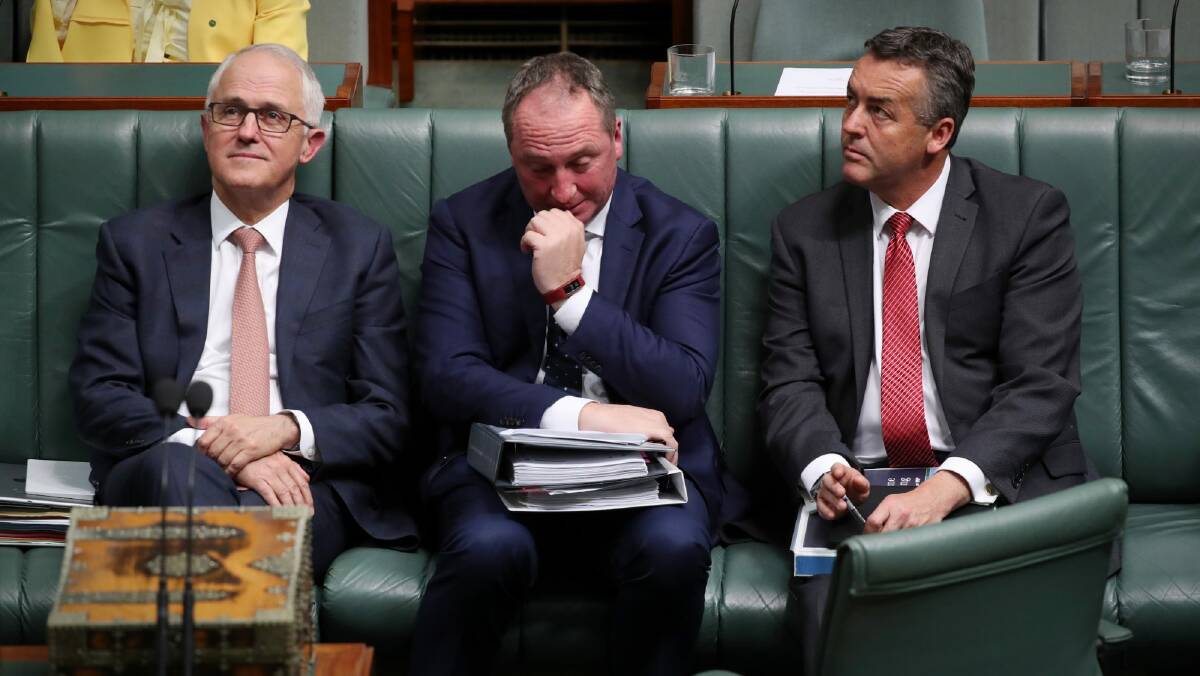 Prime Minister Malcolm Turnbull, Deputy Prime Minister Barnaby Joyce and Minister Darren Chester during question time at Parliament House. Photo: Andrew Meares