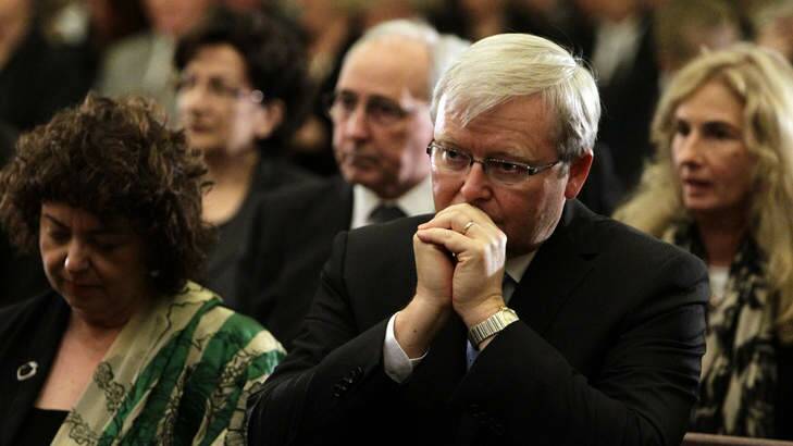 Kevin Rudd and his wife Therese at the memorial service for Margaret Whitlam in Sydney.  Mr Rudd has worked hard to reach out to Christians. Photo: Brad hunter