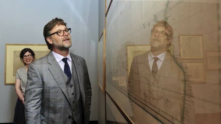 Russell Crowe at the opening of Mapping our World exhibition at the National Library, Canberra. Photo: Melissa Adams