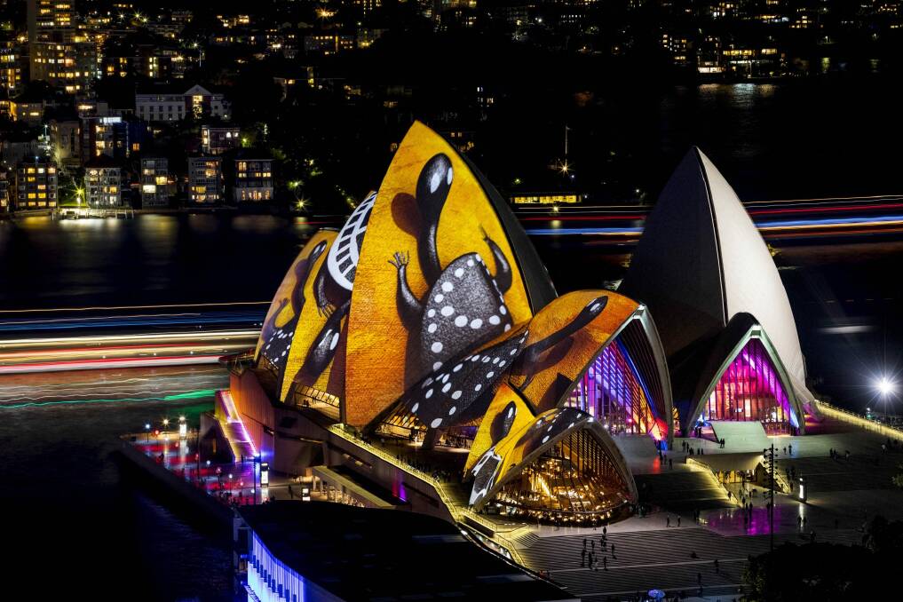 Vivid Sydney 2016: In Songlines forms are morphed from abstracted sacred designs to floating fish and crawling goannas.  Photo: Destination NSW