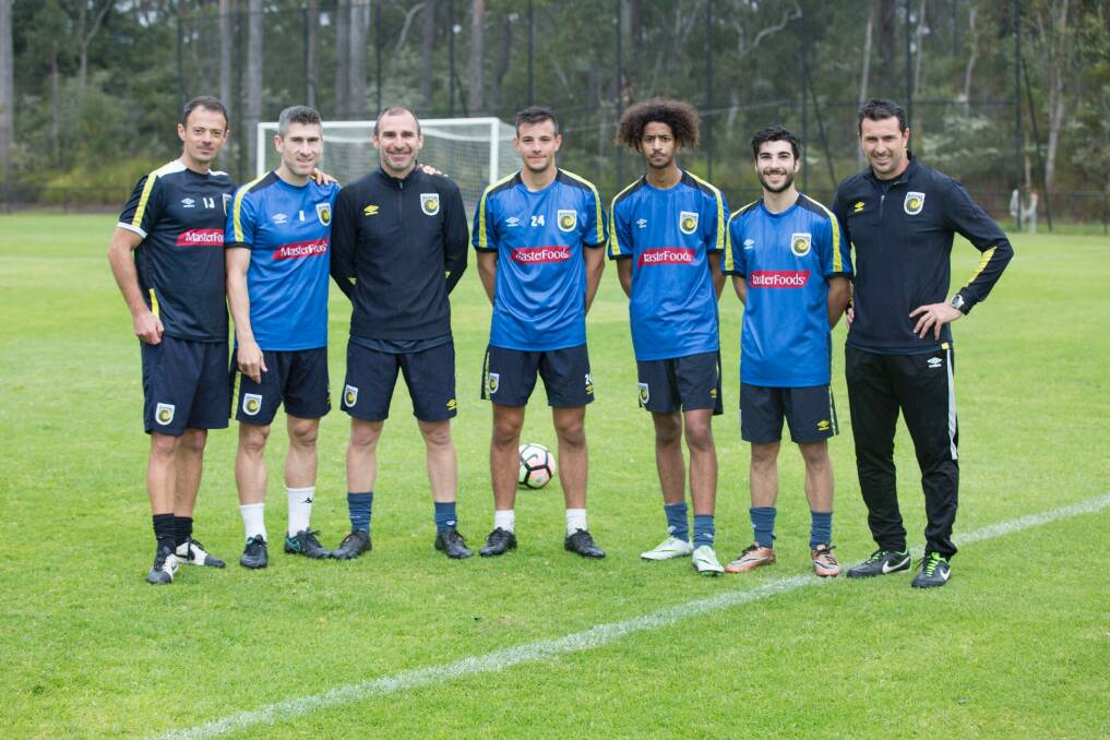 Canberra footballers Jeremy Habtemariam, Jordan Tsekenis and Andrew Slavich joined coach Luka Udjur in a Central Coast Mariners camp. Photo: Central Coast Mariners