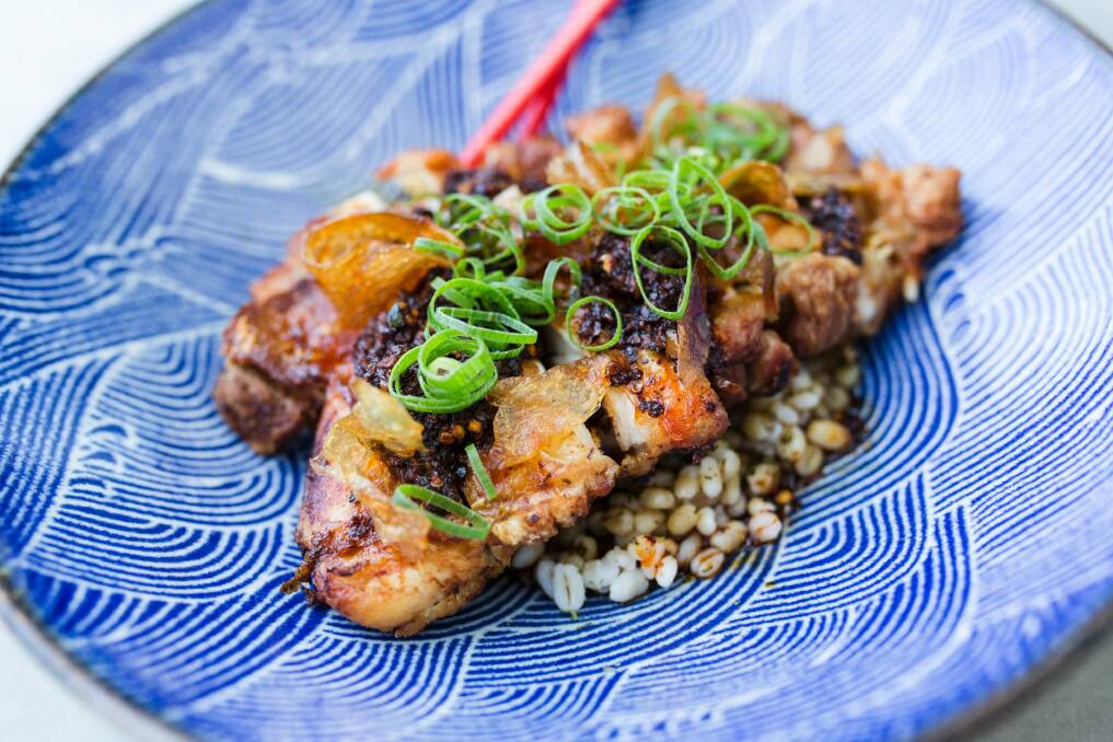 Sichuan style crispy chicken, pearl barley and caramelised onion.  Photo: Jamila Toderas