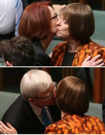 Julia Gillard and Kevin Rudd embrace Nicola Roxon. Photo: Andrew Meares