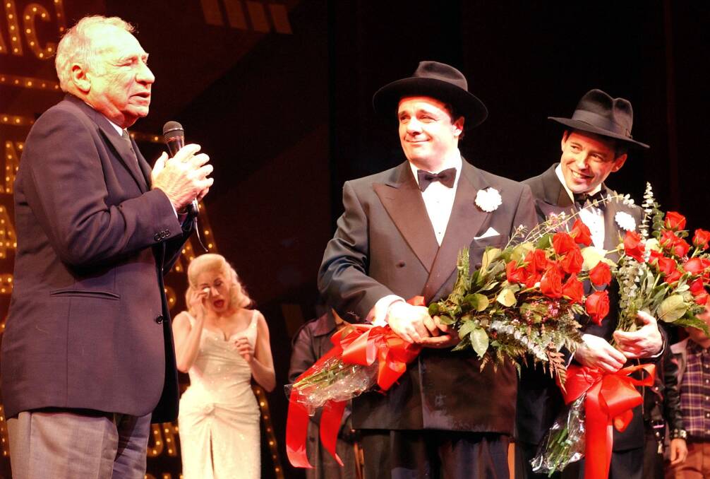 <i>The Producers</i>'producer Mel Brooks, left,  addresses the audience at New York's St. James Theatre as Nathan Lane, second left, and Matthew Broderick look on after their last performance in their first run in <i>The Producers</i> in 2002. Photo: AP