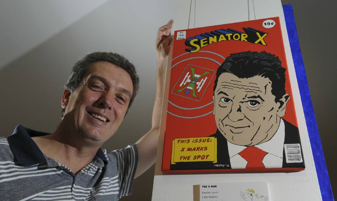 Artist Stephen Lynch's entry, "The X Man", depicting Senator Nick Xenophon. Photo: Graham Tidy