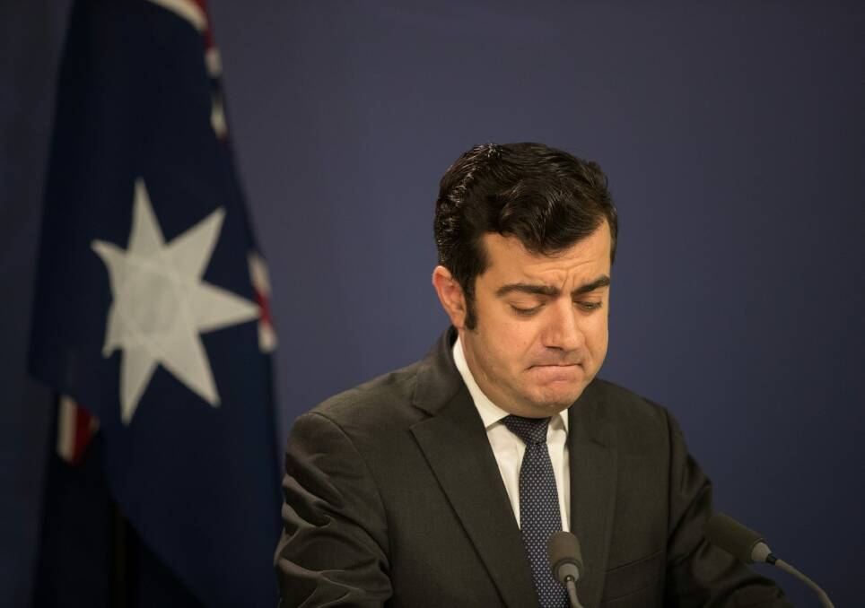 Sam Dastyari, a still powerful player in Labor's NSW right, announces his resignation from the Senate earlier this month. Photo: Janie Barrett