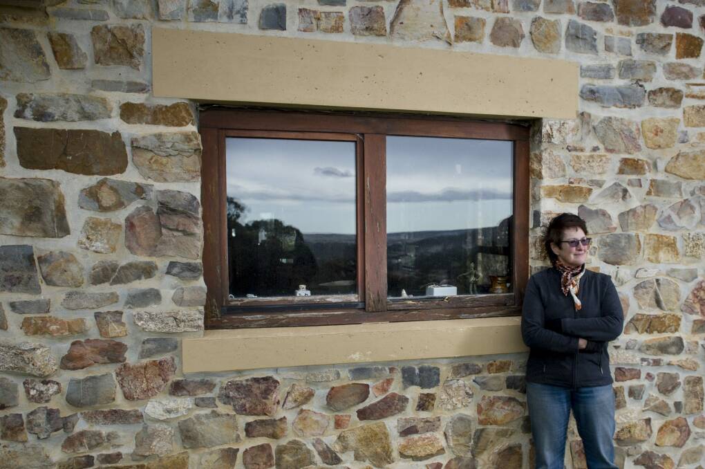 Artist Cherry Hood on her property in Towrang, near reflections of the valley below.
 Photo: Jay Cronan