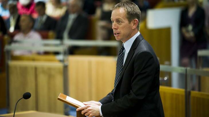 Sole Greens MLA Shane Rattenbury during today's swearing in of members to the Legislative Assembly. Photo: Rohan Thomson