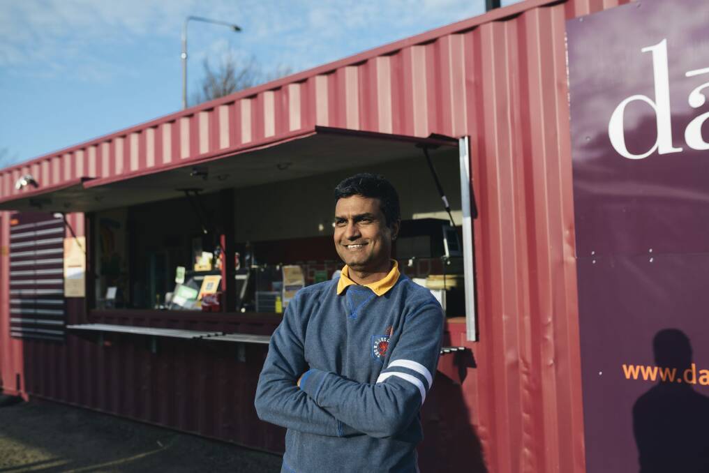 Sanjay Kumar at his Indian restaurant, Daana, at Westside Acton Park. While his business has now outgrown the container, he said it was a neat and tidy shopfront which allowed great access to customers. Photo: Rohan Thomson