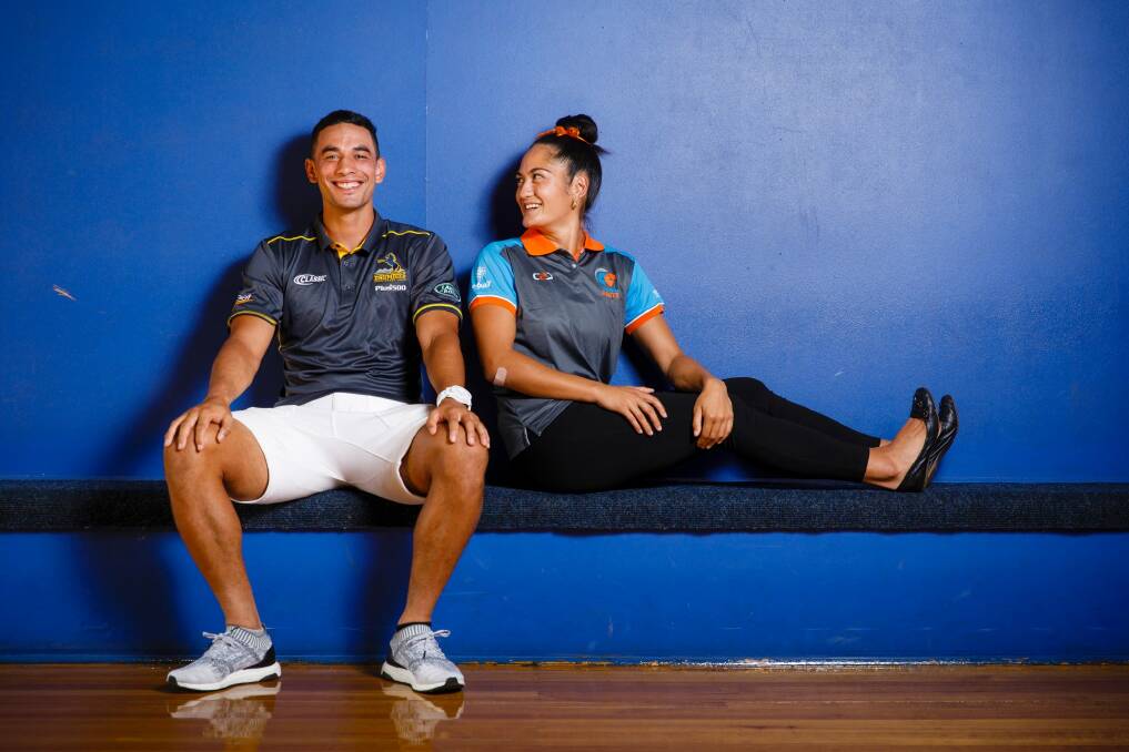 ACT Brumbies flyhalf Wharenui Hawera and Canberra Giants' Ngawai Eyles. Photo: Sitthixay Ditthavong