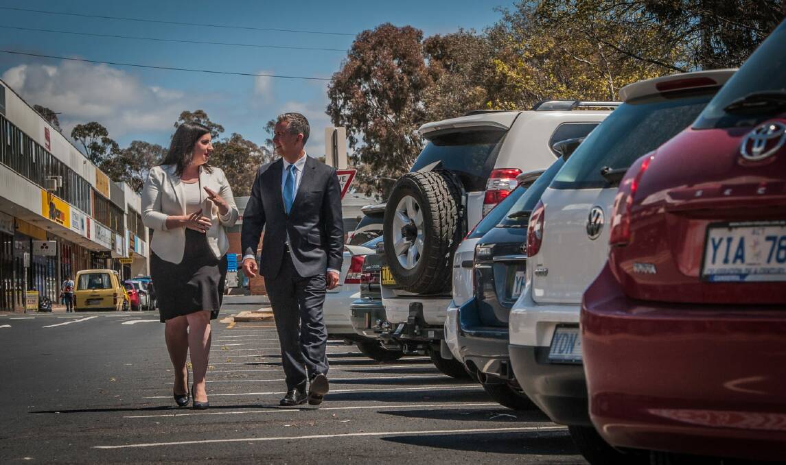 Liberals leader Jeremy Hanson and Giulia Jones want to scale back paid parking in Canberra.  Photo: Karleen Minney