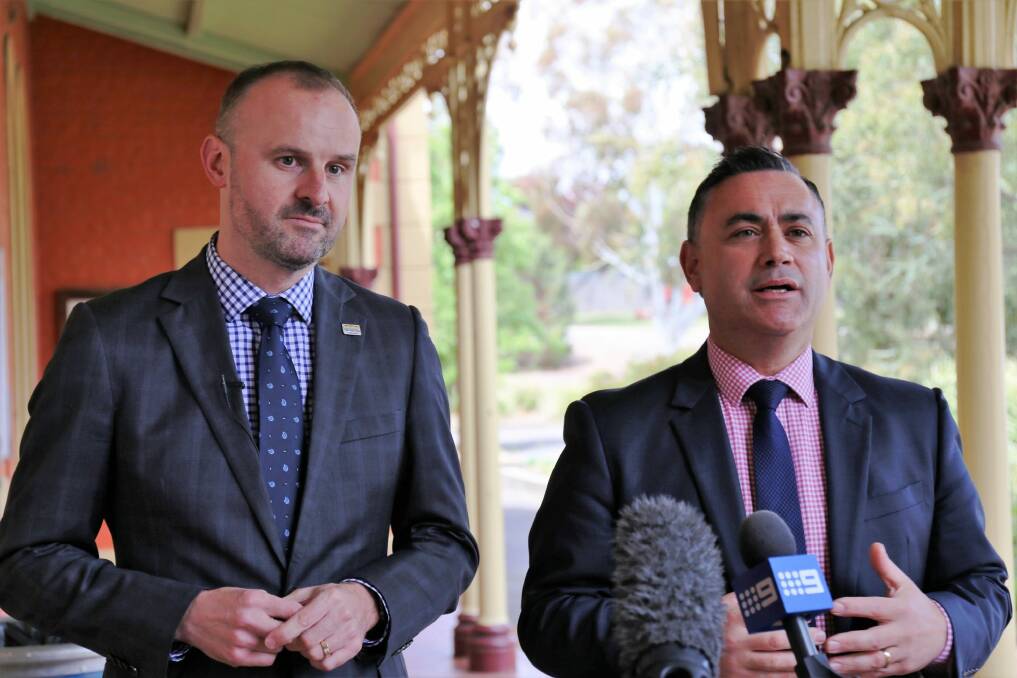 ACT Chief Minister Andrew Barr and NSW Deputy Premier John Barilaro announce a new cross border memorandum of understanding in Queanbeyan. Photo: Supplied