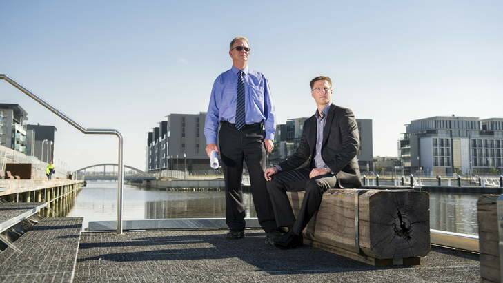 The Land Development Authority's Glenn Lacey and Chris Reynolds at the new Kingston foreshore development. Photo: Rohan Thomson