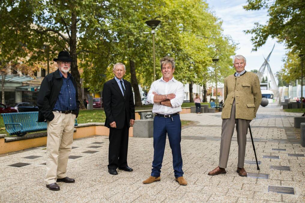 The latest inductees on the ACT Honour Walk - former cartoonist for The Canberra Times Geoff Pryor, retired judge Jeffrey Miles, former Manuka Pool manager John Taverner and retired joiner Edgar Weiss. Photo: Rohan Thomson