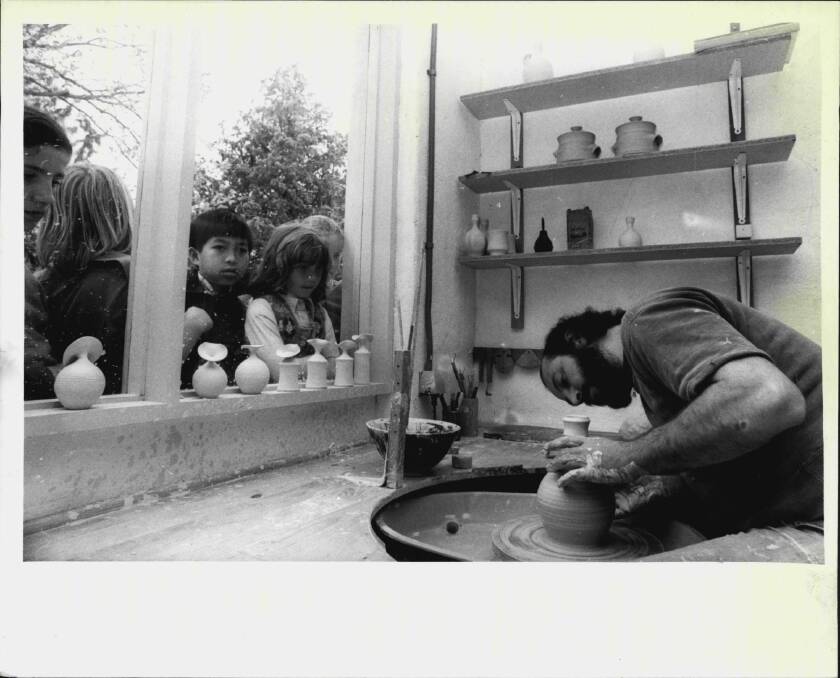 Potter Doug Alexander throws mugs from clay at Cuppacumbalong on September 06, 1976. Photo: Jill Sykes, Fairfax archives