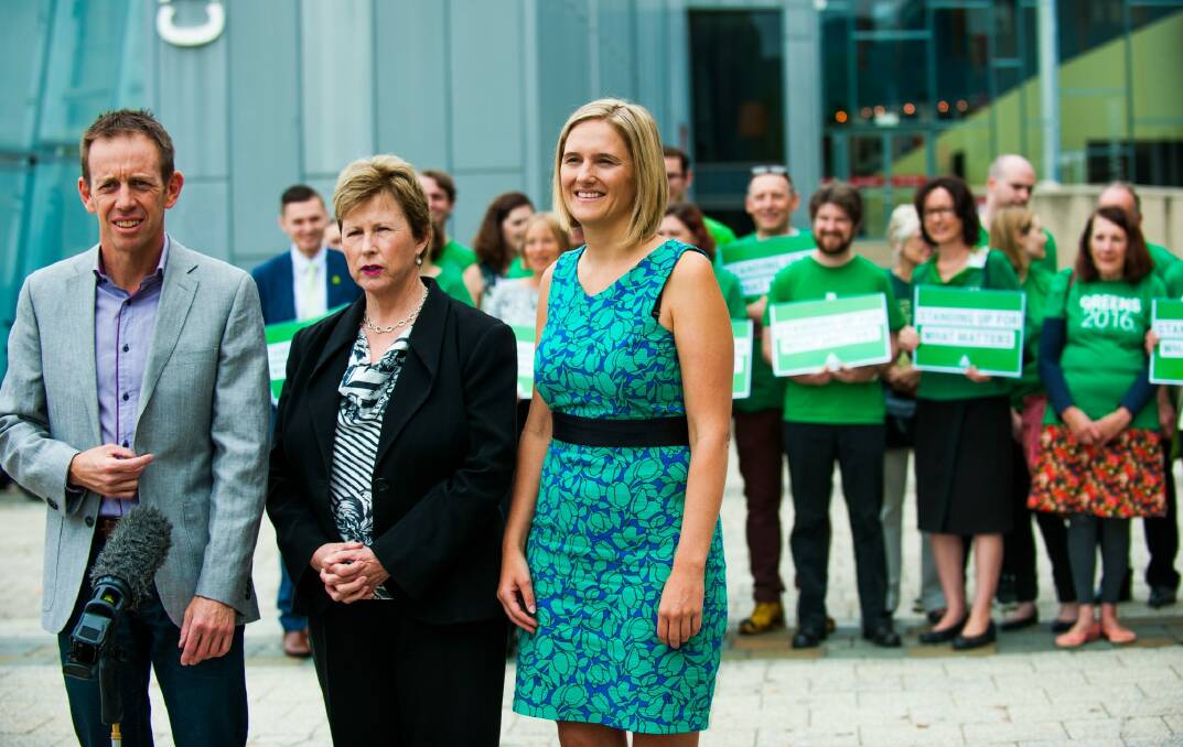 Greens MLA Shane Rattenbury,  former leader of the Australian Greens Christine Milne, ACT Senate candidate Christina Hobbs in Civic with supporters.  Photo: Elesa Kurtz