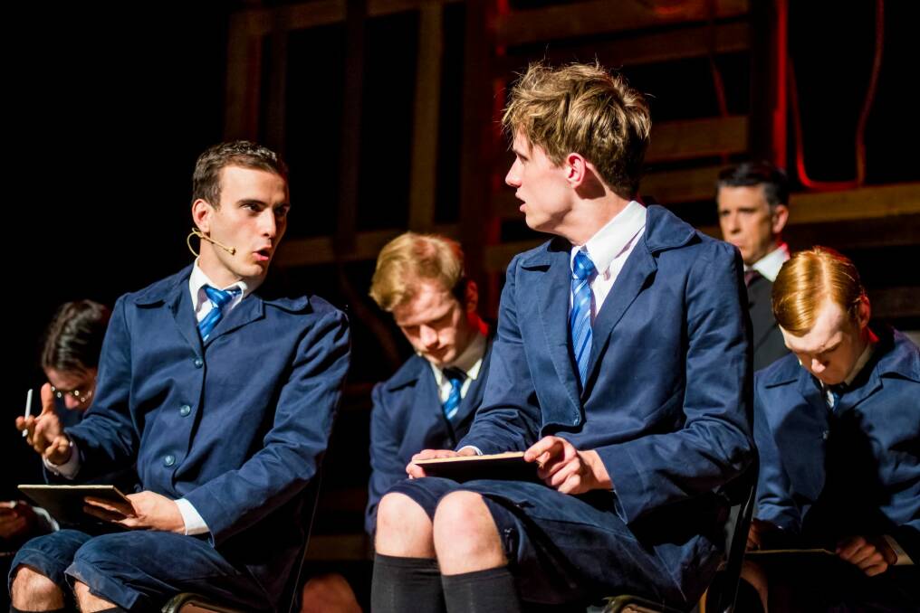 In <i>Spring Awakening</i>: Callum Bodman, left, as Melchior and Pip Carroll as Moritz in the foreground (in the background from left, ) Daniel Steer as Georg, Liam Downing as Otto, David Cannell as Adult Man and Jake Willis as Ernst). Photo: Janelle McMenamin