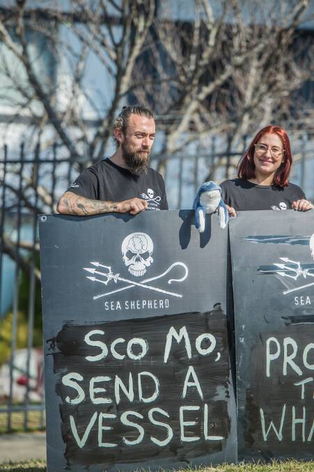 A protest outside the Japanese embassy in Canberra on Tuesday against Japan’s move to overturn the International Whaling Commission's moratorium on whaling.   Photo: Karleen Minney