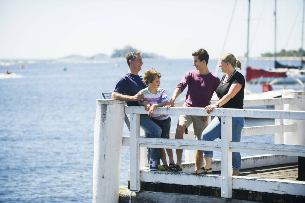 ACT Liberal leader Jeremy Hanson and his family, wife Fleur and sons Robbie,8, and Will,15, on holiday at Batemans Bay. Photo: Rohan Thomson