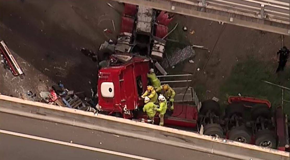 Emergency services were on scene after a truck rollover in Brisbane's south. Photo: 9 News