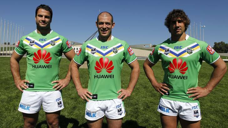 Canberra Raiders players showing off their new Huawei sponsorship jerseys in March, when Huawei signed a $1.7 million, two-year sponsorship deal with the Raiders. Photo: Katherine Griffiths