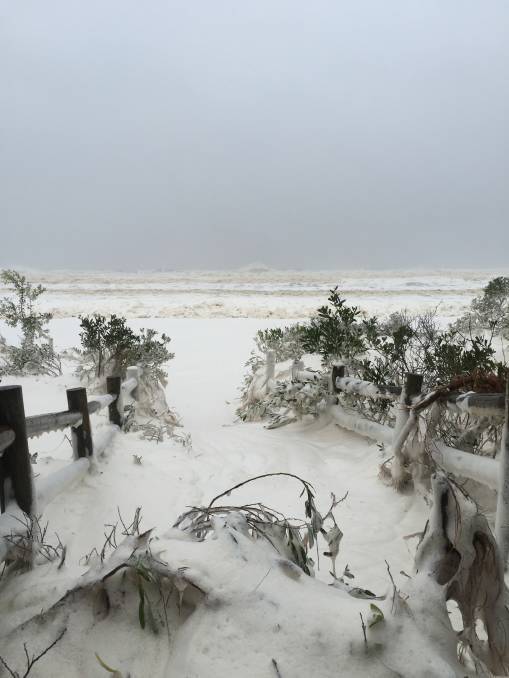 Sea foam blankets Tathra Beach. Photo: Aimee Hay/Bega District News