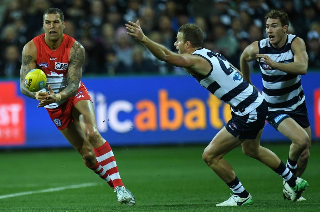 Lance Franklin of the Swans, left, is in the midst of his most inaccurate year.  Photo: AAP