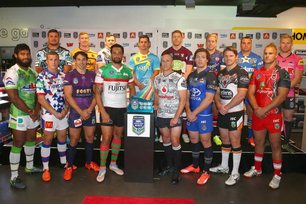 Canberra Raiders winger Sisa Waqa (left) with other team representatives at the launch of the Auckland Nines jerseys in Sydney on Tuesday. Photo: Mark Kolbe